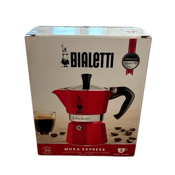Bialetti Red Moka Express 3 Cup Stovetop Espresso Maker 3 Cups 4.4 Ounce New - Picture 2 of 11
